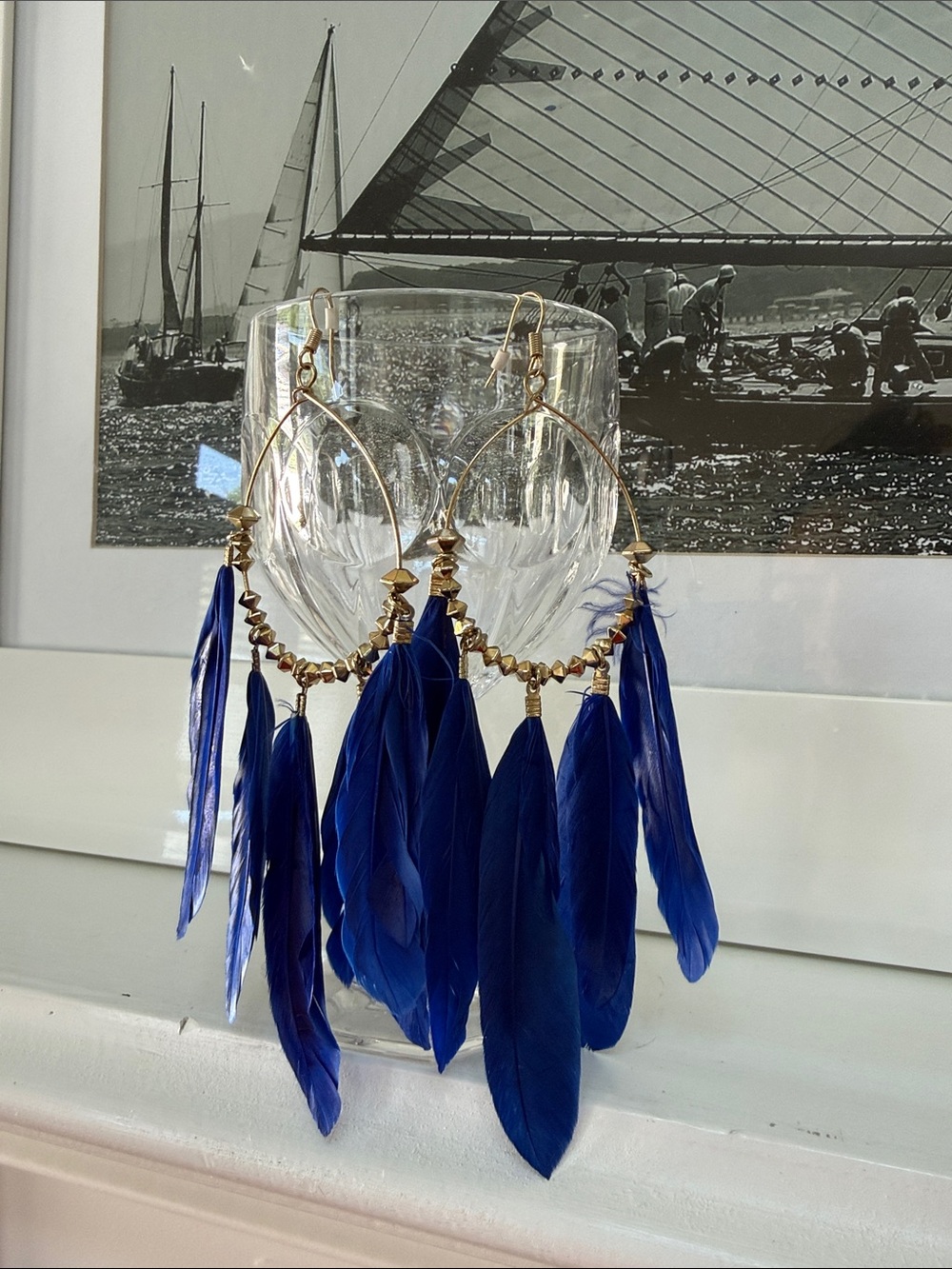 Anthropologie Gold Hoop Earrings with Deep Blue Feather Tassels